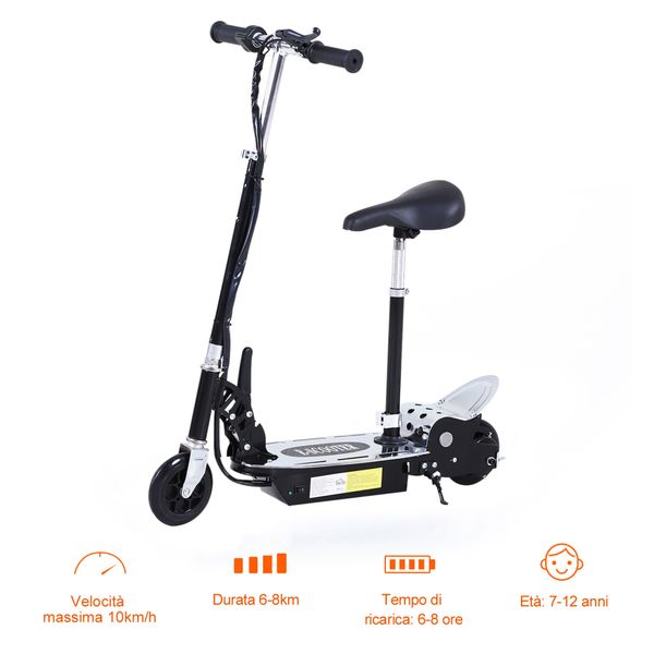 Monopattino elettrico pieghevole con sella, 2 ruote e manubrio regolabile, bambini 7-12 anni, 81.5x38x94cm, nero - 