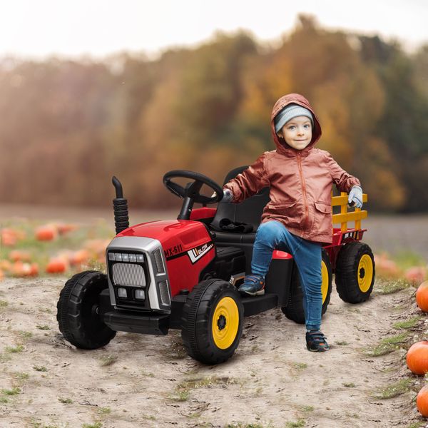 Trattore elettrico per bambini 3-6 anni con rimorchio rimovibile, batteria 12v e telecomando, rosso - 