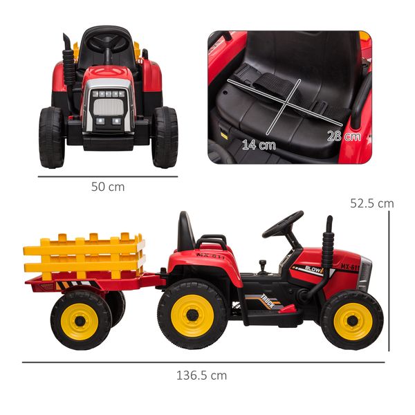 Trattore elettrico per bambini 3-6 anni con rimorchio rimovibile, batteria 12v e telecomando, rosso - 