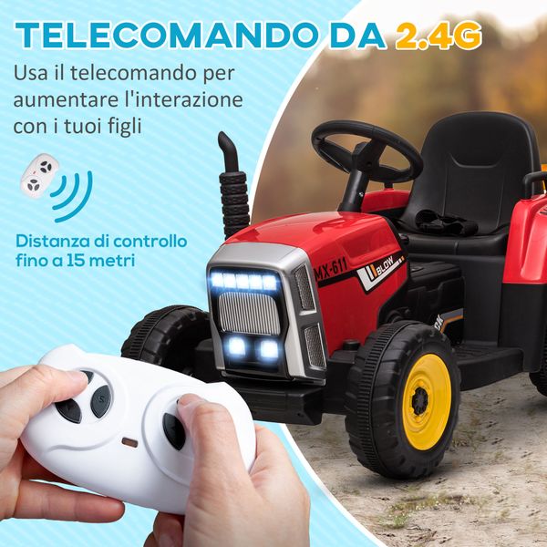 Trattore elettrico per bambini 3-6 anni con rimorchio rimovibile, batteria 12v e telecomando, rosso - 