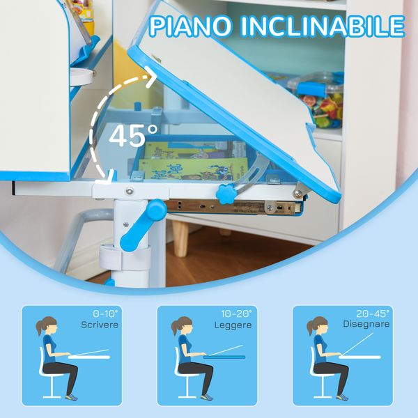 Banco scuola per bambini 6-12 anni regolabile con luce led, leggio e portapenne, in mdf, pp e acciaio, azzurro - 
