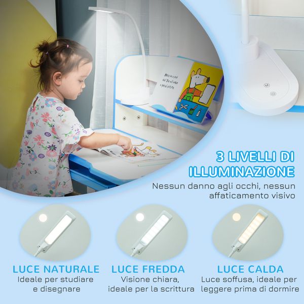 Banco scuola per bambini 6-12 anni regolabile con luce led, leggio e portapenne, in mdf, pp e acciaio, azzurro - 