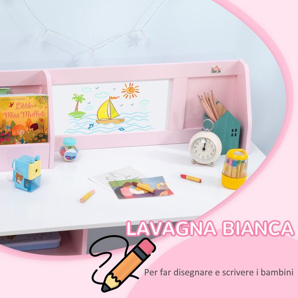Set tavolo e sedie per bambini 5+ anni in legno con banco scuola e sedia bianco e rosa - 