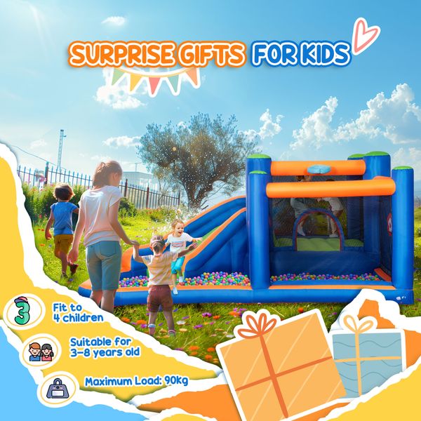 Castello gonfiabile per bambini 3-8 anni con scivolo, trampolino e piscina, 380x340x170cm - 