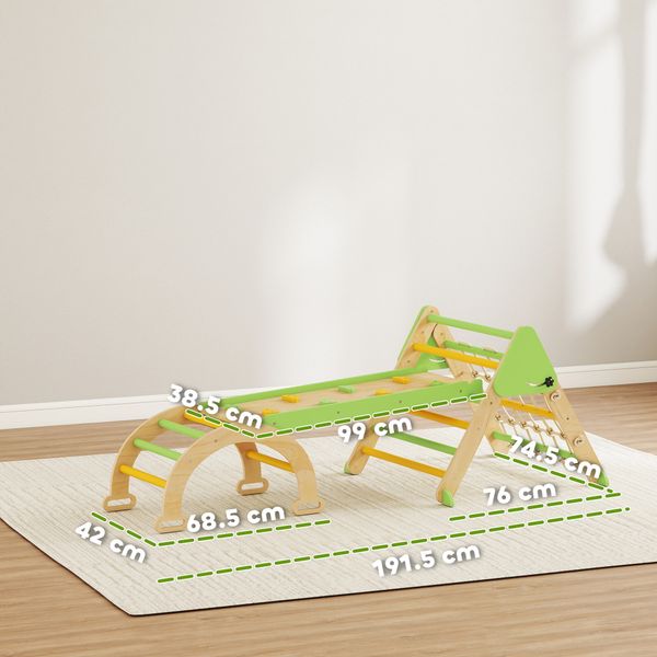 Gioco per bambini 8 in 1 con triangolo, parete liscia e arco, in legno di pioppo e pino, 191.5x74.5x63 cm - 