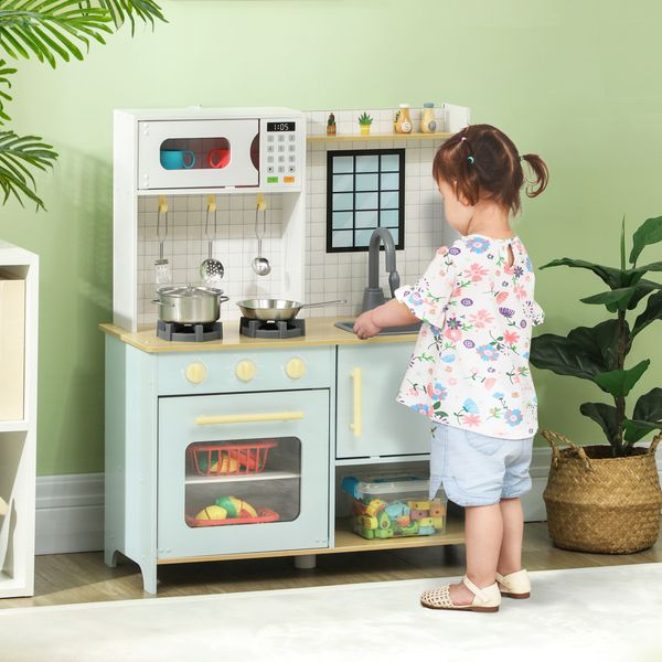 Cucina giocattolo per bambini con fornelli e armadietti, in acciaio, legno e pp, 72x33x85.2 cm, blu e bianco - 