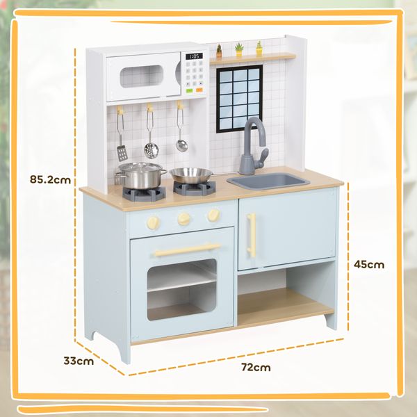 Cucina giocattolo per bambini con fornelli e armadietti, in acciaio, legno e pp, 72x33x85.2 cm, blu e bianco - 