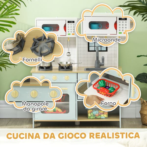 Cucina giocattolo per bambini con fornelli e armadietti, in acciaio, legno e pp, 72x33x85.2 cm, blu e bianco - 