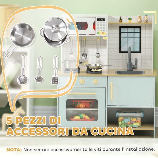 Cucina giocattolo per bambini con fornelli e armadietti, in acciaio, legno e pp, 72x33x85.2 cm, blu e bianco - 
