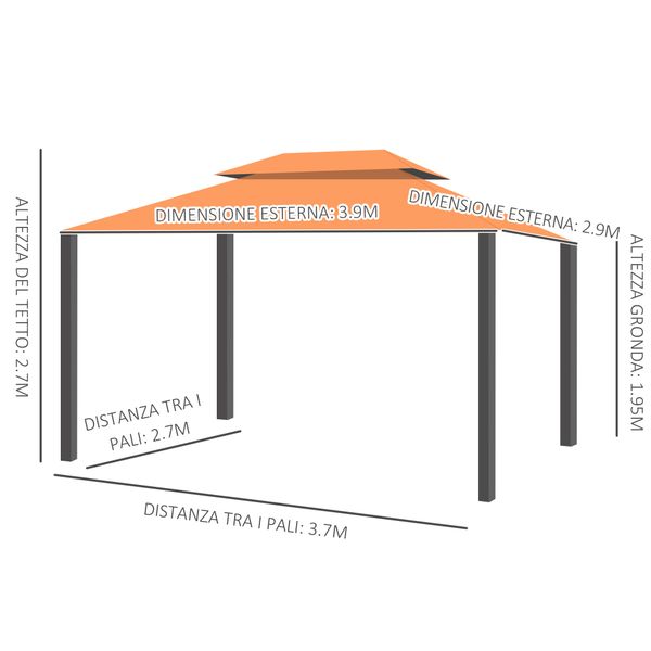 Gazebo da giardino 4x3m con doppio tetto e tende laterali, arancione - 