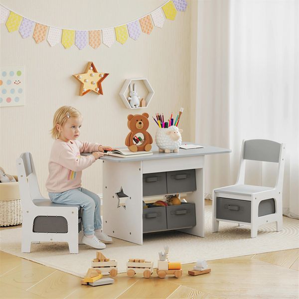 Set tavolo e sedie per bambini 3-8 anni con 6 cassetti e bordi arrotondati, in legno e tessuto, grigio e bianco - 