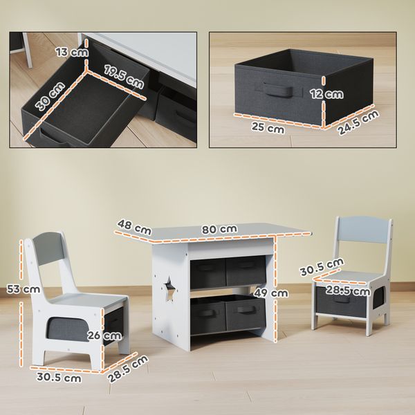 Set tavolo e sedie per bambini 3-8 anni con 6 cassetti e bordi arrotondati, in legno e tessuto, grigio e bianco - 