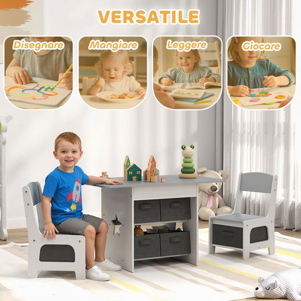 Set tavolo e sedie per bambini 3-8 anni con 6 cassetti e bordi arrotondati, in legno e tessuto, grigio e bianco - 