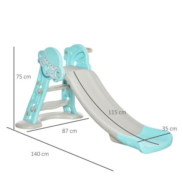 Scivolo per bambini da 18 mesi pieghevole con 3 scalini e canestro basket, 140x87x75cm, blu e grigio - 