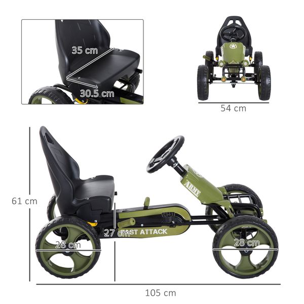 Go kart a pedali per bambini da 3-6 anni con sedile regolabile e freno a mano, verde - 