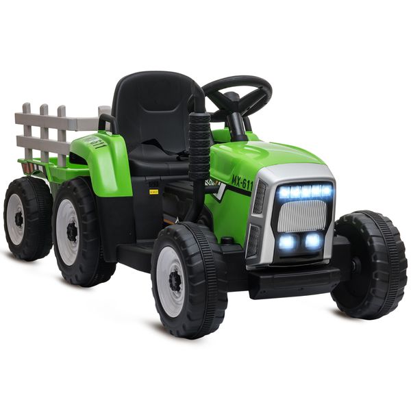 Trattore elettrico per bambini 3-6 anni con rimorchio rimovibile, batteria 12v e telecomando, verde - 