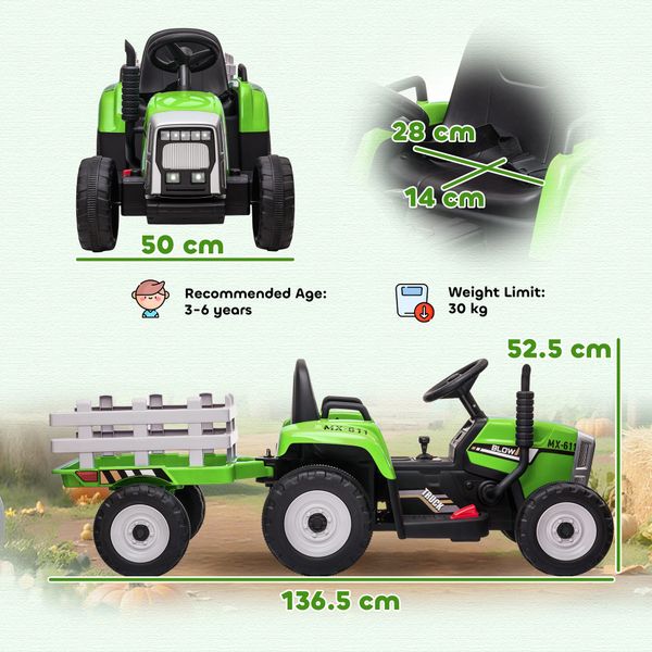 Trattore elettrico per bambini 3-6 anni con rimorchio rimovibile, batteria 12v e telecomando, verde - 