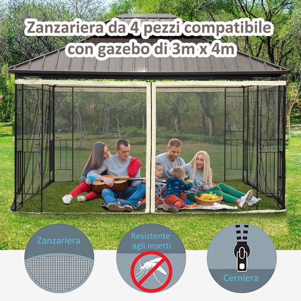Zanzariera per gazebo tende di ricambio universale con cerniere, 352x207cm - nero e beige - 