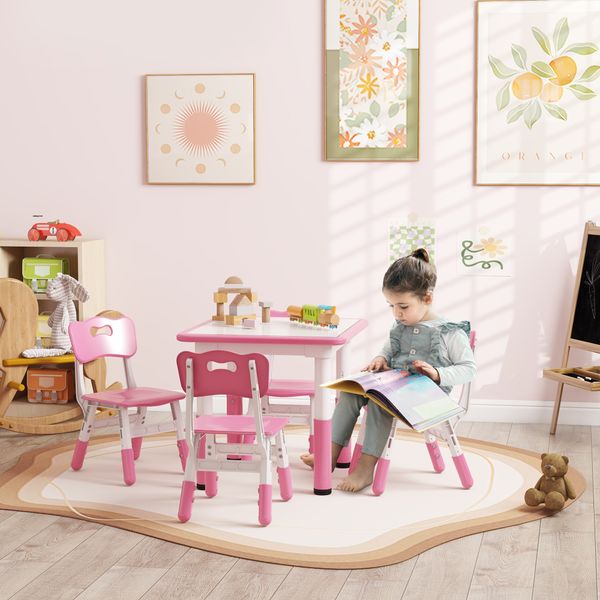 Set tavolo e sedie per bambini 5pz con 4 sedie regolabili 32x36x52.5-56 cm e tavolo 60x60x46-58 cm, rosa - 