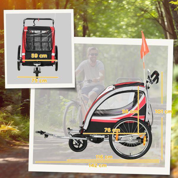 Rimorchio bici per bambini e passeggino, design 2 in 1 con freno, cintura a 5 punti, carrello rimorchio per bicicletta - 