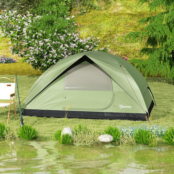 Tenda da campeggio per 3 persone impermeabile con tasche, gancio per lanterna e borsa di trasporto, verde - 