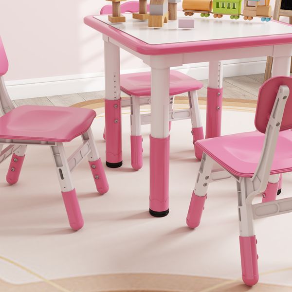 Set tavolo e sedie per bambini 5pz con 4 sedie regolabili 32x36x52.5-56 cm e tavolo 60x60x46-58 cm, rosa - 