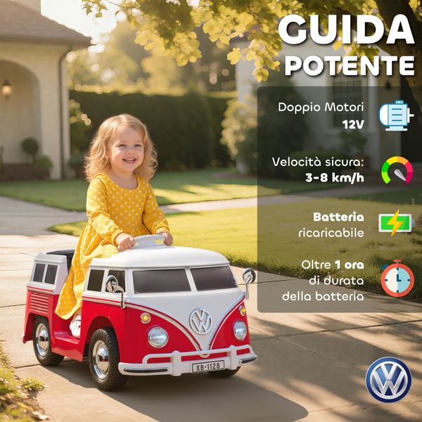 Auto elettrica per bambini licenza volkswagen t1 con lettore mp3, in metallo e pp, 89x49x41.5 cm, rosso - 