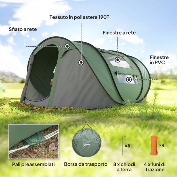 Tenda da campeggio pop up 2 posti con 2 porte, 4 finestre e telo impermeabile, 263.5x220x123 cm, verde scuro - 