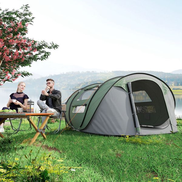 Tenda da campeggio pop up 2 posti con 2 porte, 4 finestre e telo impermeabile, 263.5x220x123 cm, verde scuro - 