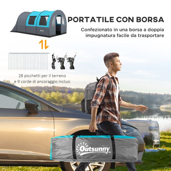 Tenda da campeggio 3 posti impermeabile con zona notte e giorno, in poliestere, 480x260x200 cm, grigio e blu - 