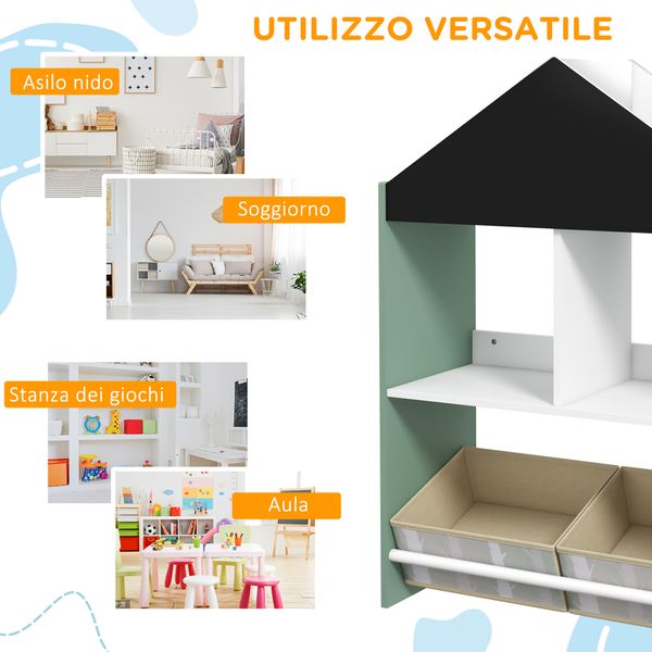 Scaffale portagiochi per bambini con ripiani e cassetti rimovibili, verde - 