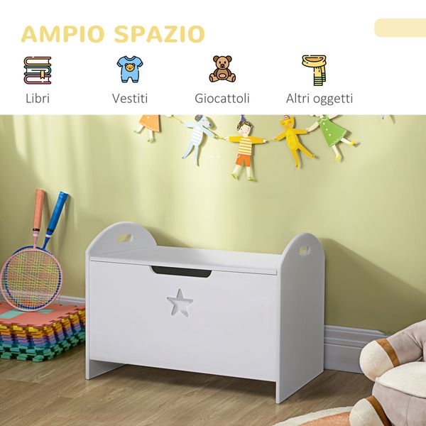 Baule contenitore portagiochi per bambini (62x40x46.5cm) in legno bianco con cerniere di sicurezza - 