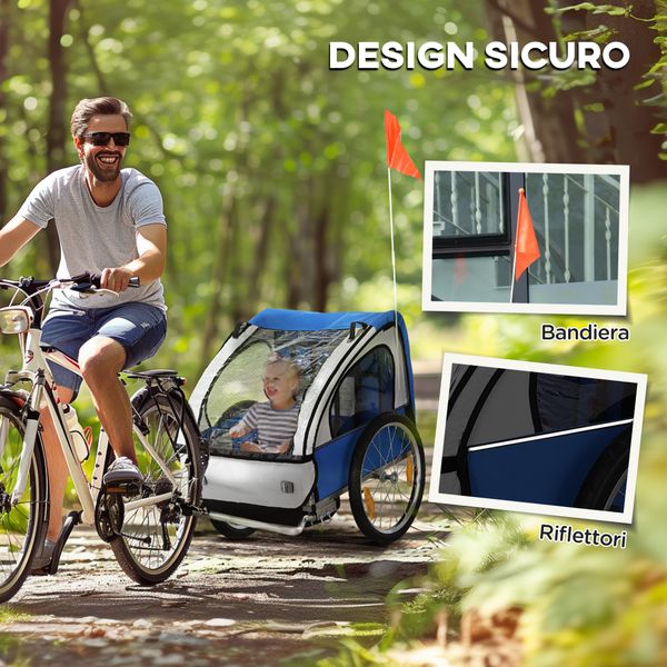 Rimorchio bici bambini con 2 posti, 2 cinture di sicurezza, telaio in acciaio e copertura in tessuto oxford blu - 