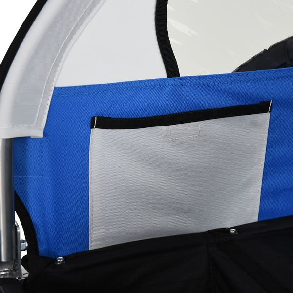 Rimorchio bici bambini con 2 posti, 2 cinture di sicurezza, telaio in acciaio e copertura in tessuto oxford blu - 