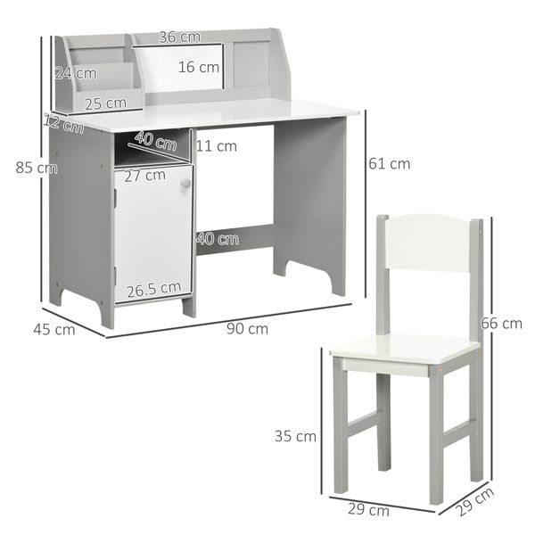 Set tavolo e sedie per bambini 5+ anni in legno con banco scuola e sedia bianco e grigio - 
