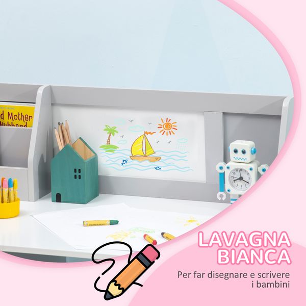 Set tavolo e sedie per bambini 5+ anni in legno con banco scuola e sedia bianco e grigio - 
