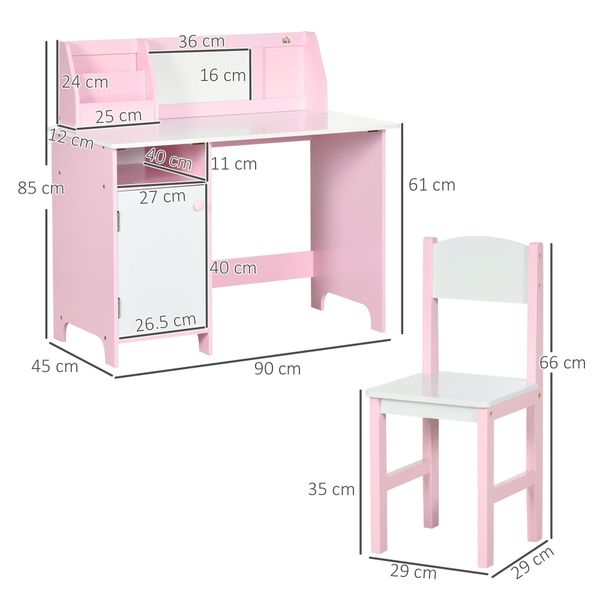Set tavolo e sedie per bambini 5+ anni in legno con banco scuola e sedia bianco e rosa - 