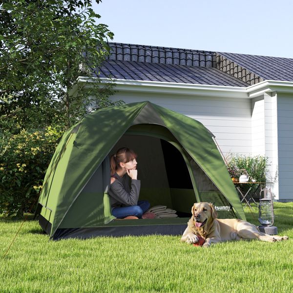 Tenda da campeggio per 3 persone impermeabile con tasca, gancio per lanterna e borsa, 2x2x1.35m, verde - 