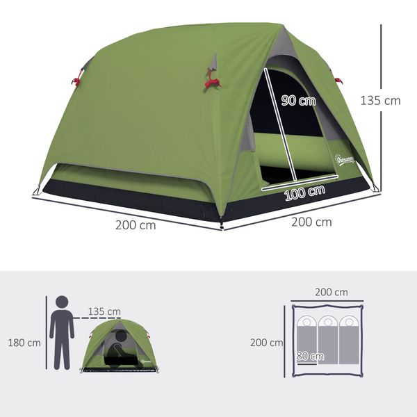 Tenda da campeggio per 3 persone impermeabile con tasca, gancio per lanterna e borsa, 2x2x1.35m, verde - 
