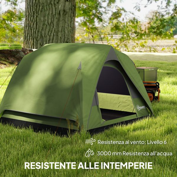 Tenda da campeggio per 3 persone impermeabile con tasca, gancio per lanterna e borsa, 2x2x1.35m, verde - 