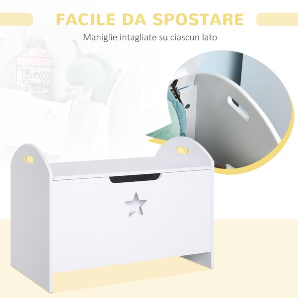 Baule contenitore portagiochi per bambini (62x40x46.5cm) in legno bianco con cerniere di sicurezza - 