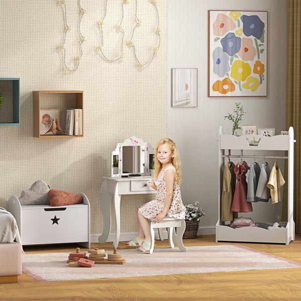 Baule contenitore portagiochi per bambini (62x40x46.5cm) in legno bianco con cerniere di sicurezza - 