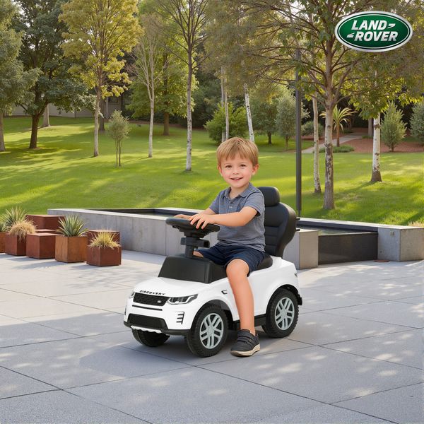 Macchina cavalcabile licenza land rover con maniglia e barriera, in pp e acciaio, 84x40x94.5 cm, bianco - 