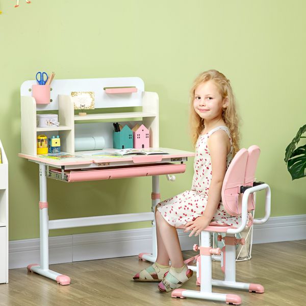 Banco scuola con sedia per bambini 3-12 anni, altezza regolabile e piano inclinabile, rosa - 
