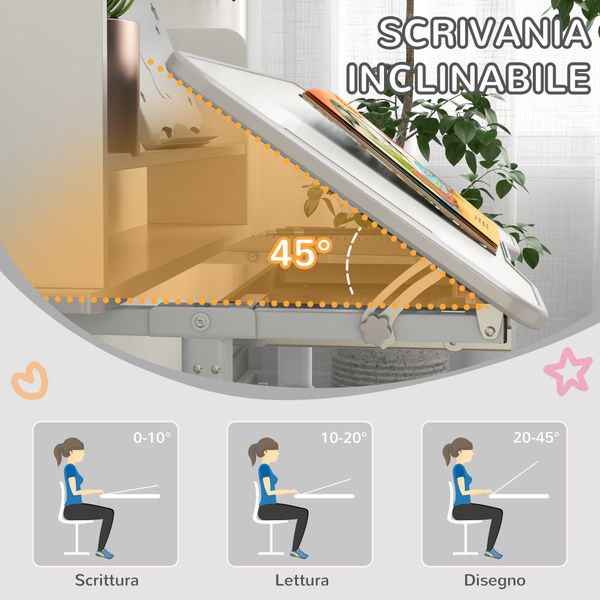 Set scrivania per bambini con sedia regolabile in altezza e piano inclinabile, età 6-12 anni, grigio - 