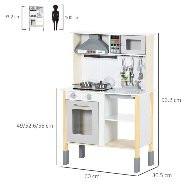Cucina giocattolo per bambini con altezza regolabile, suoni, luci e utensili, in mdf e pp, 60x30.5x93.2 cm - 