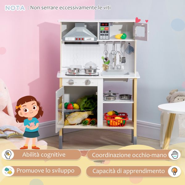 Cucina giocattolo per bambini con altezza regolabile, suoni, luci e utensili, in mdf e pp, 60x30.5x93.2 cm - 