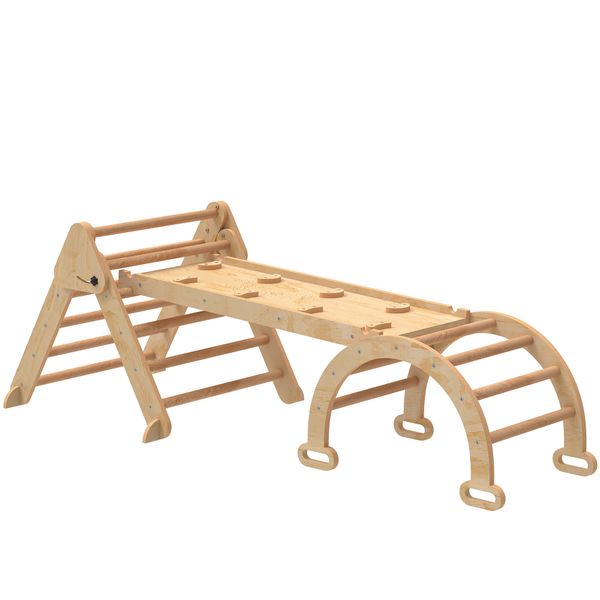 Gioco per bambini 5 in 1 con triangolo, parete liscia e arco, in legno di pioppo e pino, 188x70x59 cm - 