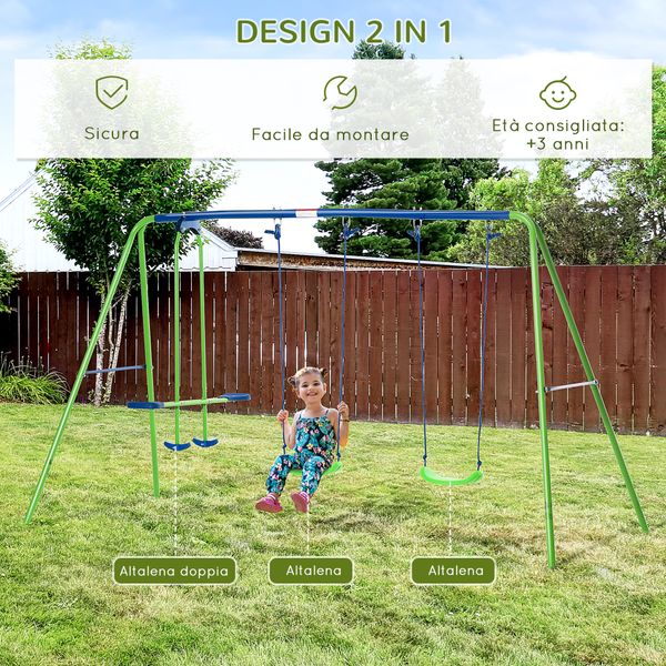 Set altalene da giardino per 4 bambini, 1 altalena doppia e 2 altalene singole, capacità di peso 45kg (altalena) 180kg (totale), 280x140x178cm - 