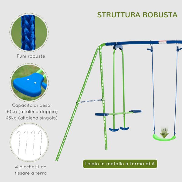 Set altalene da giardino per 4 bambini, 1 altalena doppia e 2 altalene singole, capacità di peso 45kg (altalena) 180kg (totale), 280x140x178cm - 